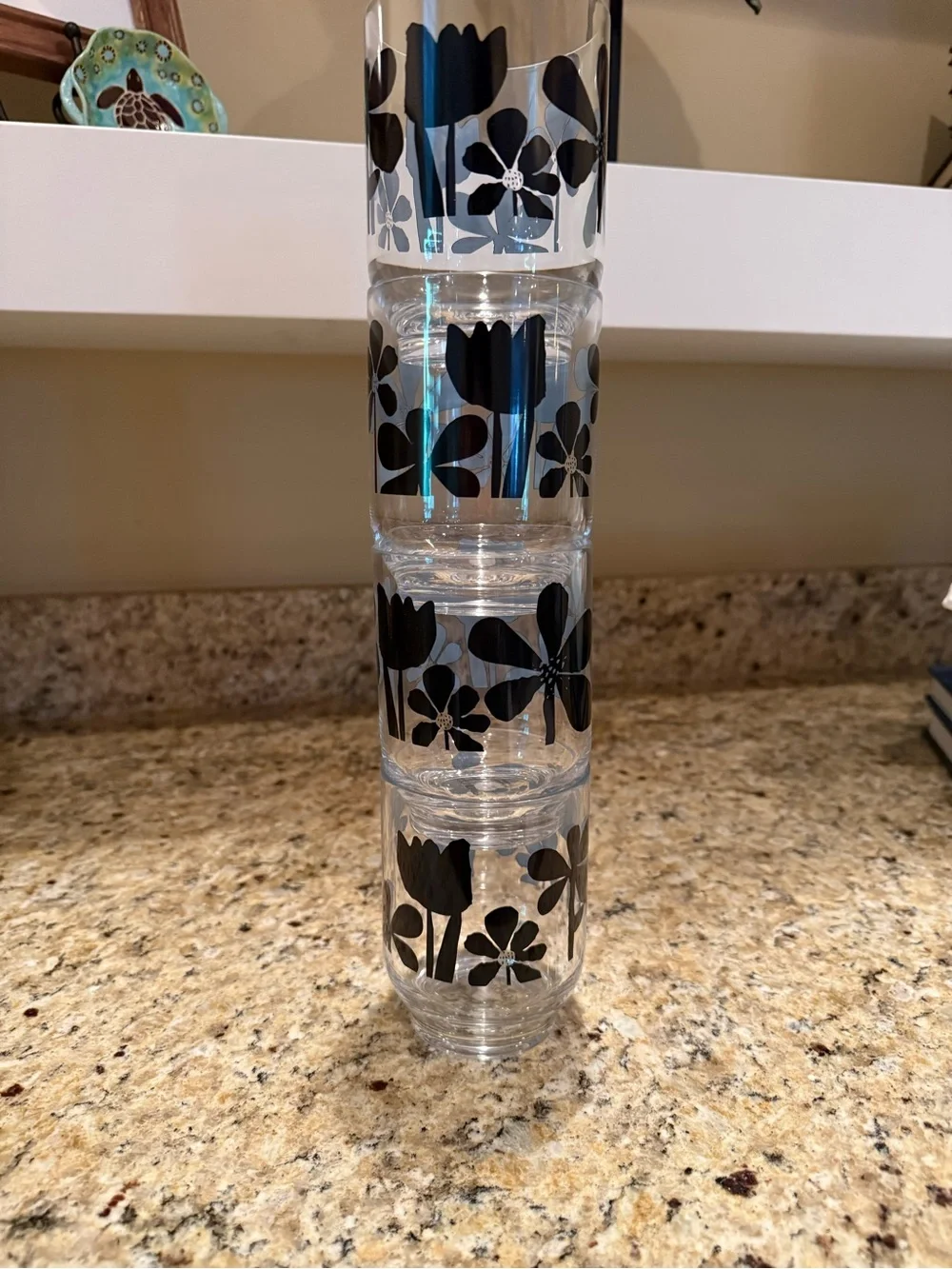 DEMDACO Clear Acrylic‎ Tumbler Black Floral Design 14oz, set of 4, NWT drinkware